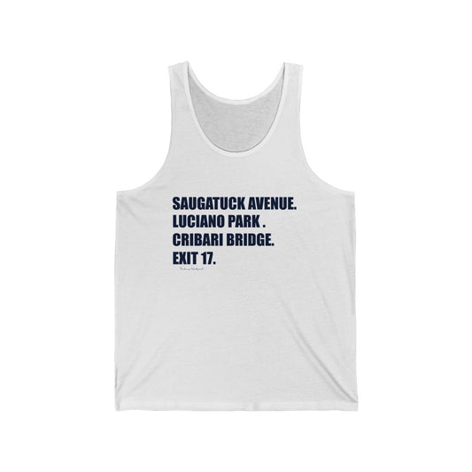 Saugatuck Ave. Luciano Park. Cribari Bridge. Exit 17.  Unisex Jersey Tank   How do you say Westport without saying Westport? Westport, Connecticut is filled with unique aspects. Each providing different elements that make up the town from historic to modern traditions.   Proceeds of this collection goes to help build Finding Westport and Finding Connecticut's  brands.