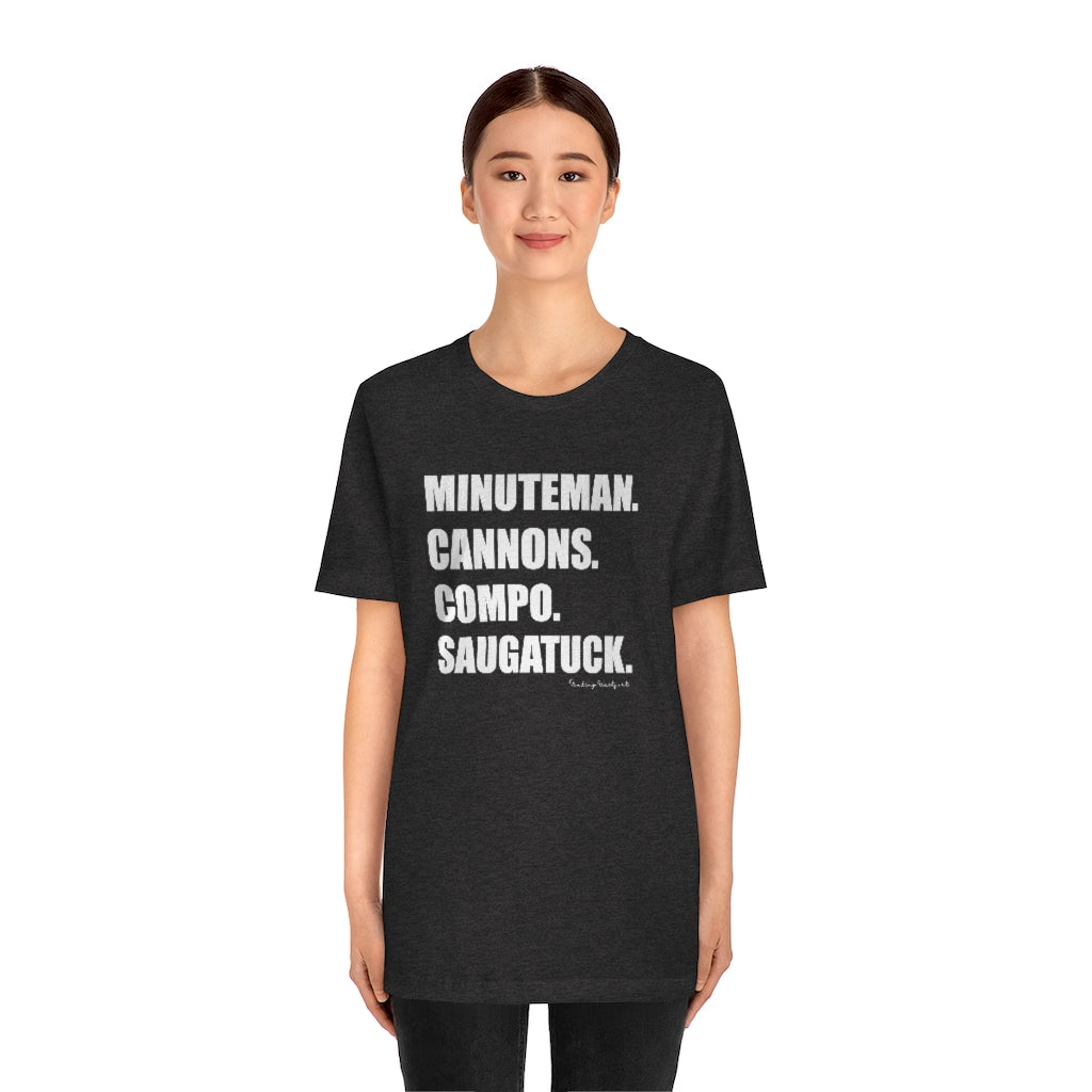 Minuteman. Cannons. Compo. Saugatuck. Unisex Jersey Short Sleeve Tee How do you say Westport without saying Westport? Westport, Connecticut is filled with unique aspects. Each providing different elements that make up the town from historic to modern traditions. Minuteman. Cannons. Compo. Saugatuck. You know its Westport. Proceeds of this collection goes to help build Finding Westport and Finding Connecticut's brands.