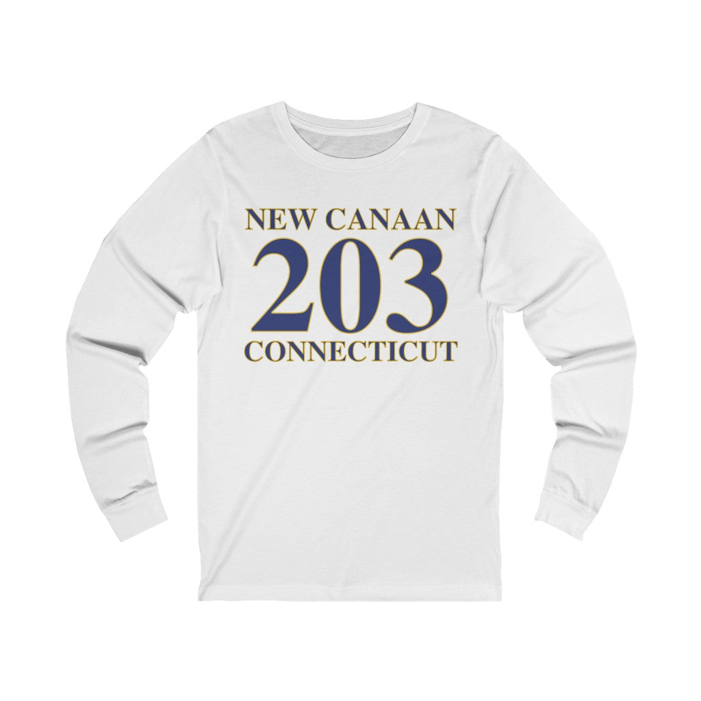 New Canaan 203 Connecticut Unisex Jersey Long Sleeve Tee  The 203 New Canaan Collection. Show off New Canaan and Connecticut at the same time. Colors were inspired by the Connecticut state flag.   Proceeds help build Finding New Canaan and Finding Connecticut's brand.