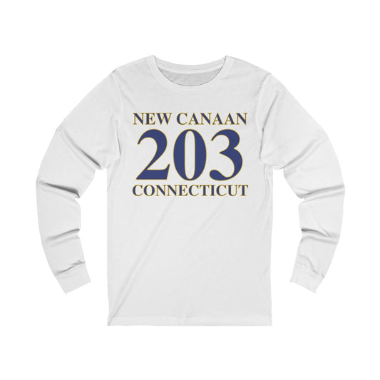 New Canaan 203 Connecticut Unisex Jersey Long Sleeve Tee  The 203 New Canaan Collection. Show off New Canaan and Connecticut at the same time. Colors were inspired by the Connecticut state flag.   Proceeds help build Finding New Canaan and Finding Connecticut's brand.