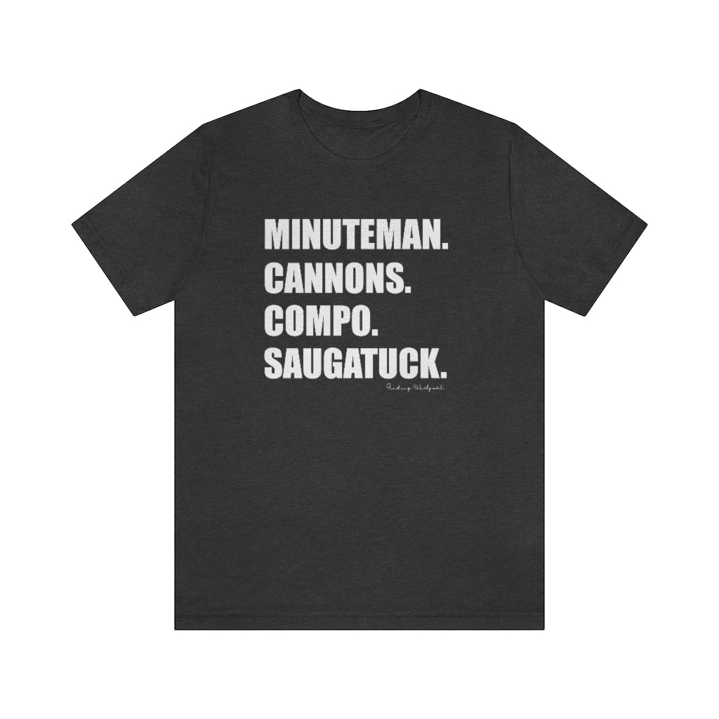Minuteman. Cannons. Compo. Saugatuck. Unisex Jersey Short Sleeve Tee How do you say Westport without saying Westport? Westport, Connecticut is filled with unique aspects. Each providing different elements that make up the town from historic to modern traditions. Minuteman. Cannons. Compo. Saugatuck. You know its Westport. Proceeds of this collection goes to help build Finding Westport and Finding Connecticut's brands.