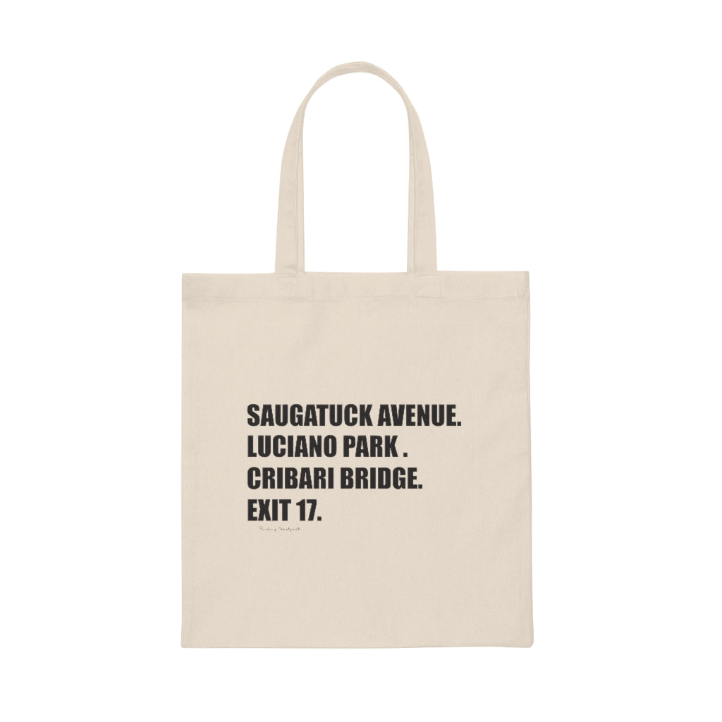 Saugatuck Ave. Luciano Park. Cribari Bridge. Exit 17. Canvas Tote Bag How do you say Westport without saying Westport? Westport, Connecticut is filled with unique aspects. Each providing different elements that make up the town from historic to modern traditions. Proceeds of this collection goes to help build Finding Westport and Finding Connecticut's brands.