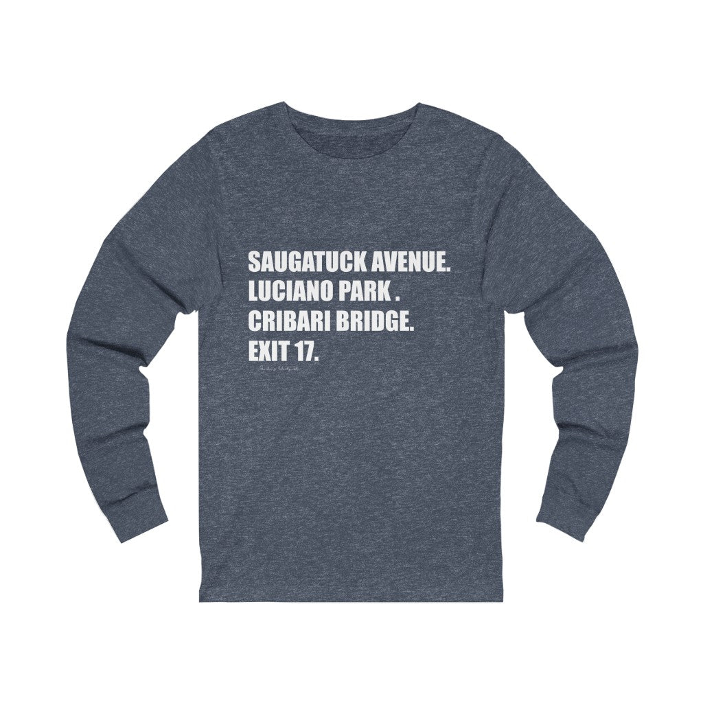 Saugatuck Ave. Luciano Park. Cribari Bridge. Exit 17. Unisex Jersey Long Sleeve Tee How do you say Westport without saying Westport? Westport, Connecticut is filled with unique aspects. Each providing different elements that make up the town from historic to modern traditions. Proceeds of this collection goes to help build Finding Westport and Finding Connecticut's brands.