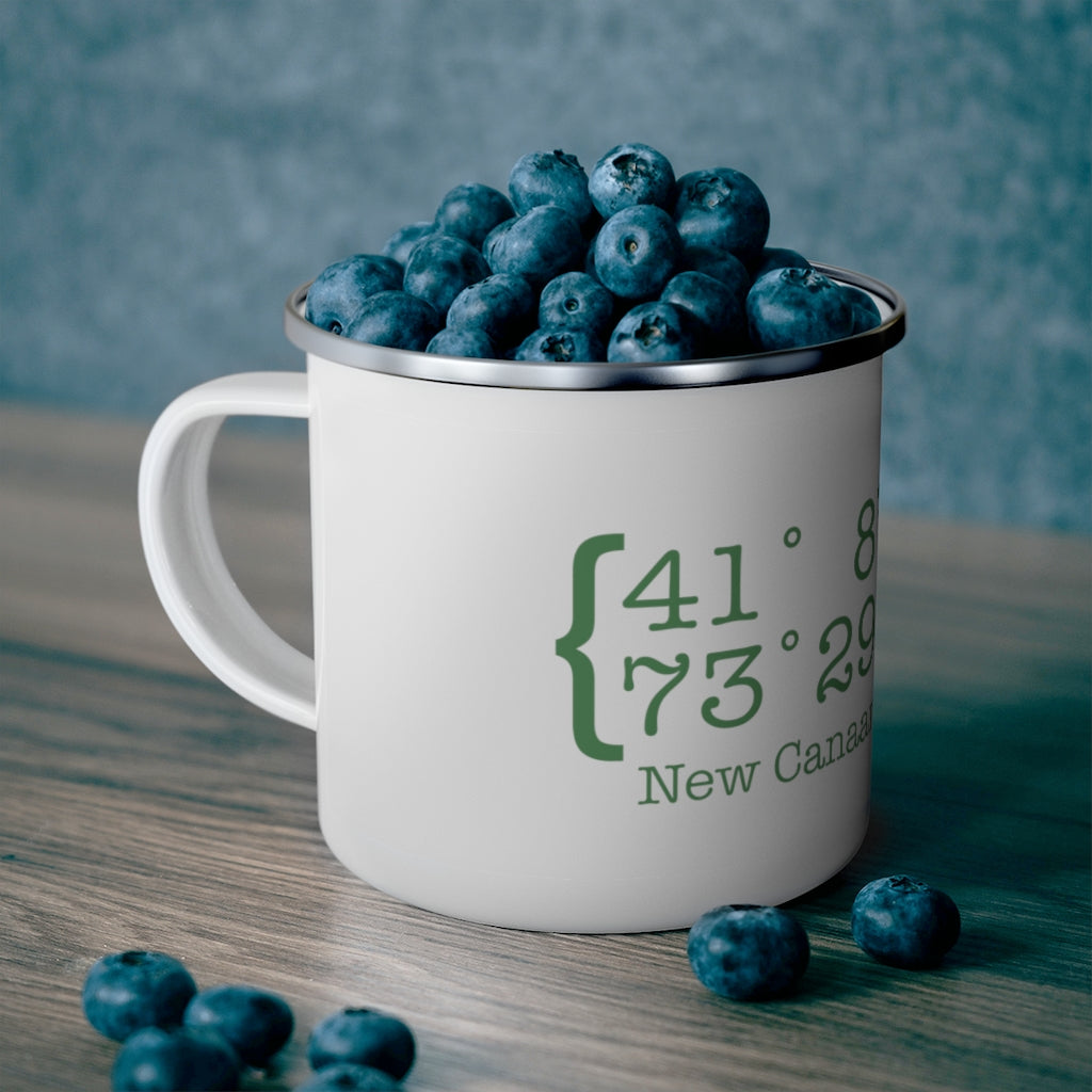 New Canaan Coordinates Enamel Camping Mug Does New Canaan, Connecticut always have a special place in your heart. The Coordinates collection marks the spot for the special place you have ties to. Proceeds helps grow Finding New Canaan and Finding Connecticut's brand grow.