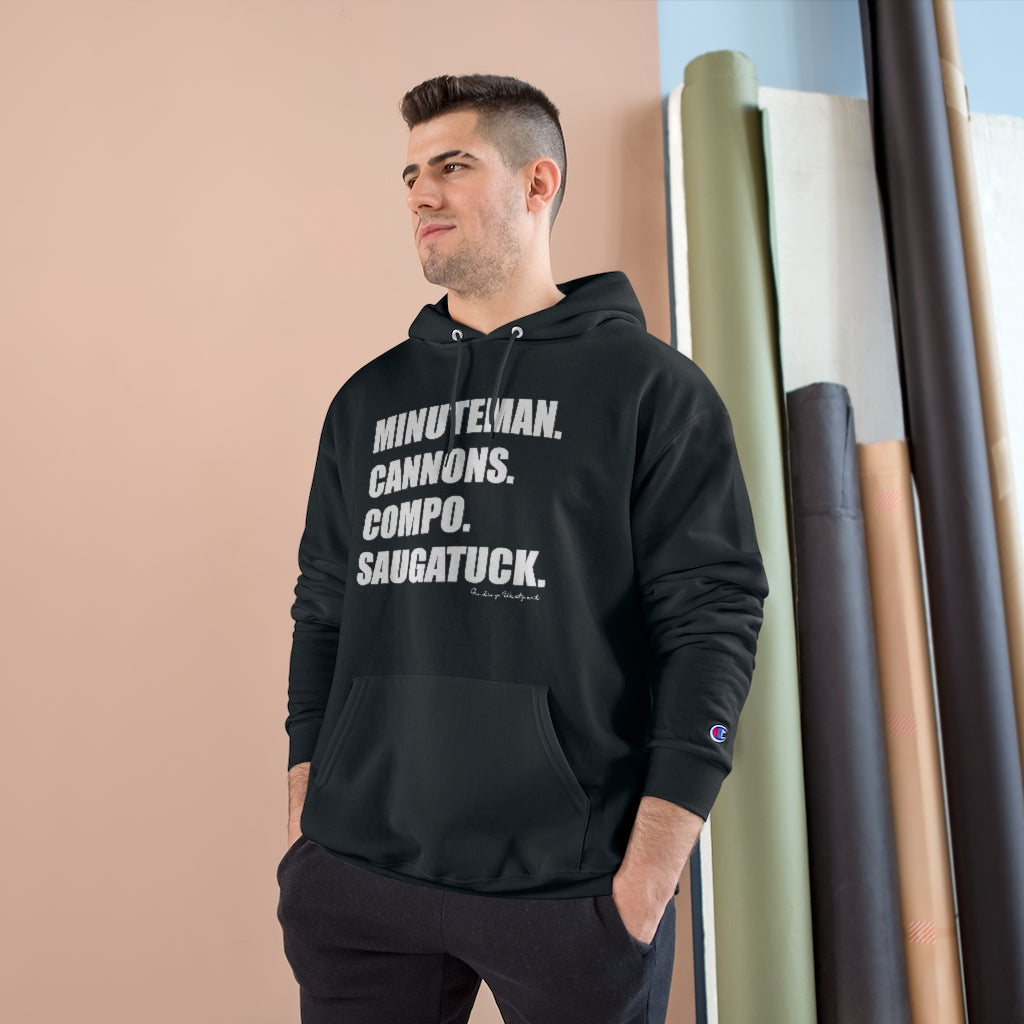 Minuteman. Cannons. Compo. Saugatuck. Champion Hoodie How do you say Westport without saying Westport? Westport, Connecticut is filled with unique aspects. Each providing different elements that make up the town from historic to modern traditions. Minuteman. Cannons. Compo. Saugatuck. You know its Westport. Proceeds of this collection goes to help build Finding Westport and Finding Connecticut's brands.