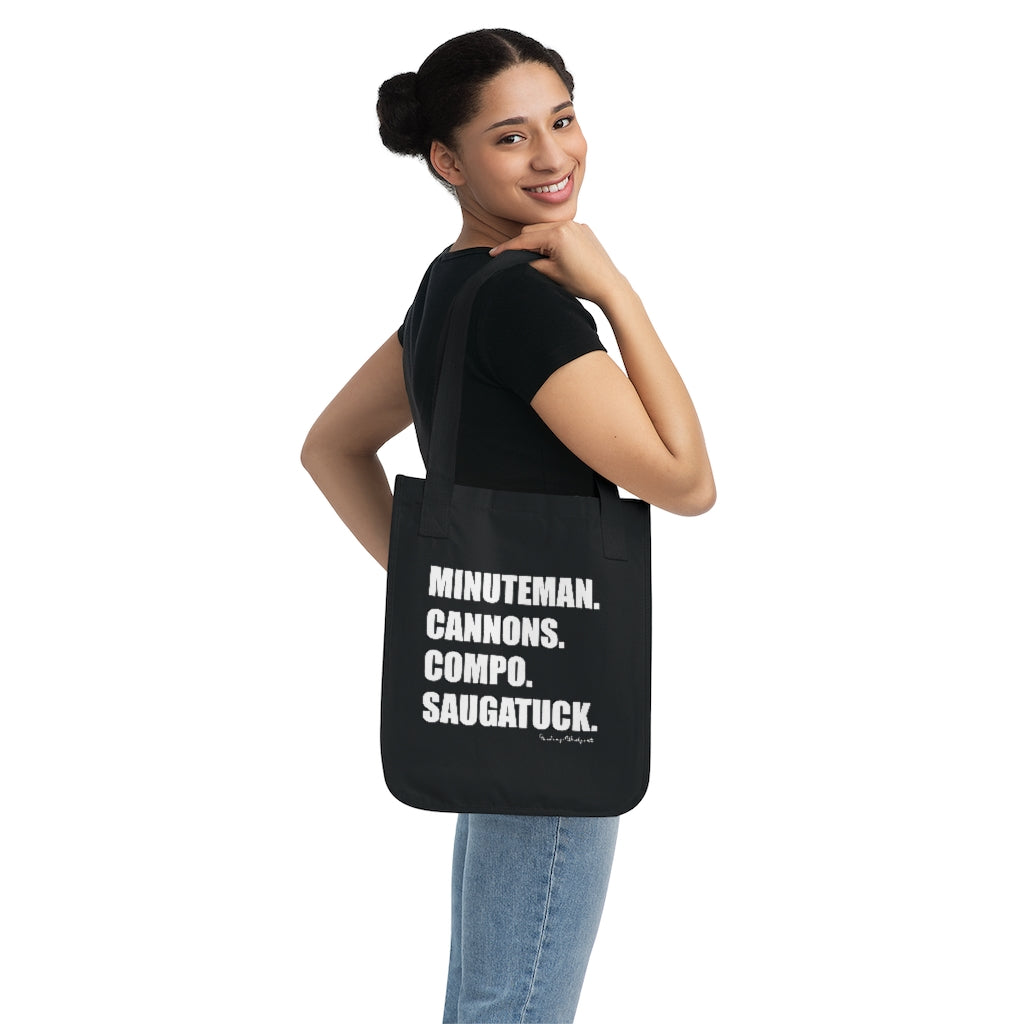 Minuteman. Cannons. Compo. Saugatuck. Organic Canvas Tote Bag How do you say Westport without saying Westport? Westport, Connecticut is filled with unique aspects. Each providing different elements that make up the town from historic to modern traditions. Minuteman. Cannons. Compo. Saugatuck. You know its Westport. Proceeds of this collection goes to help build Finding Westport and Finding Connecticut's brands.