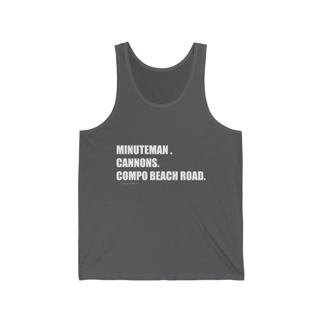Minuteman. Cannons. Compo Beach Road. Unisex Jersey Tank How do you say Westport without saying Westport? Westport, Connecticut is filled with unique aspects. Each providing different elements that make up the town from historic to modern traditions. Minuteman. Cannons. Compo Beach Road. You know its Westport. Proceeds of this collection goes to help build Finding Westport and Finding Connecticut's brands.