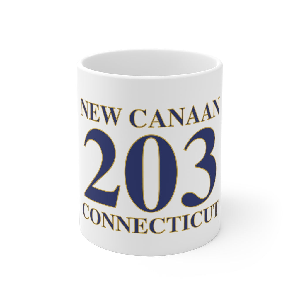 New Canaan 203 Connecticut White Ceramic Mug  The 203 New Canaan Collection. Show off New Canaan and Connecticut at the same time. Colors were inspired by the Connecticut state flag.   Proceeds help build Finding New Canaan and Finding Connecticut's brand.