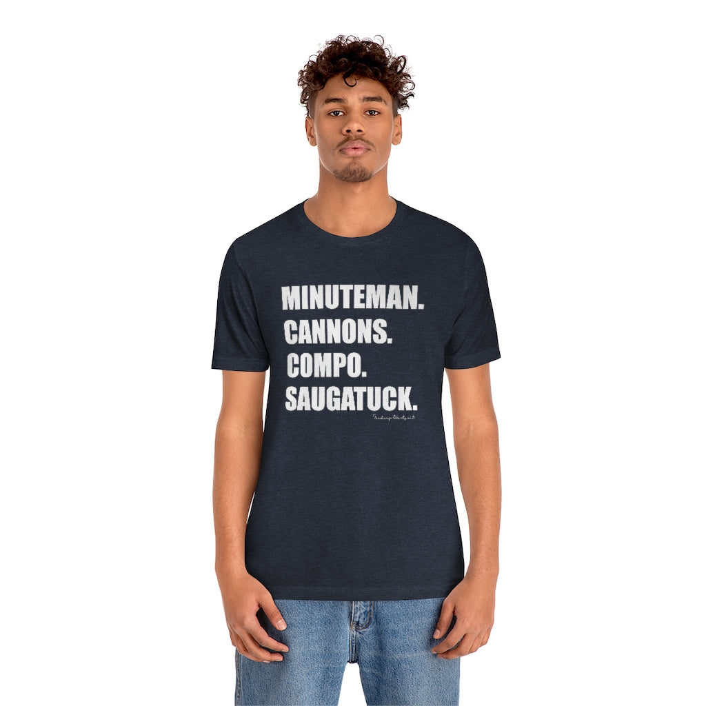 Minuteman. Cannons. Compo. Saugatuck. Unisex Jersey Short Sleeve Tee How do you say Westport without saying Westport? Westport, Connecticut is filled with unique aspects. Each providing different elements that make up the town from historic to modern traditions. Minuteman. Cannons. Compo. Saugatuck. You know its Westport. Proceeds of this collection goes to help build Finding Westport and Finding Connecticut's brands.