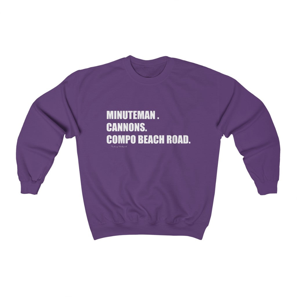 Minuteman. Cannons. Compo Beach Road. Unisex Heavy Blend Crewneck Sweatshirt How do you say Westport without saying Westport? Westport, Connecticut is filled with unique aspects. Each providing different elements that make up the town from historic to modern traditions. Minuteman. Cannons. Compo Beach Road. You know its Westport. Proceeds of this collection goes to help build Finding Westport and Finding Connecticut's brands.