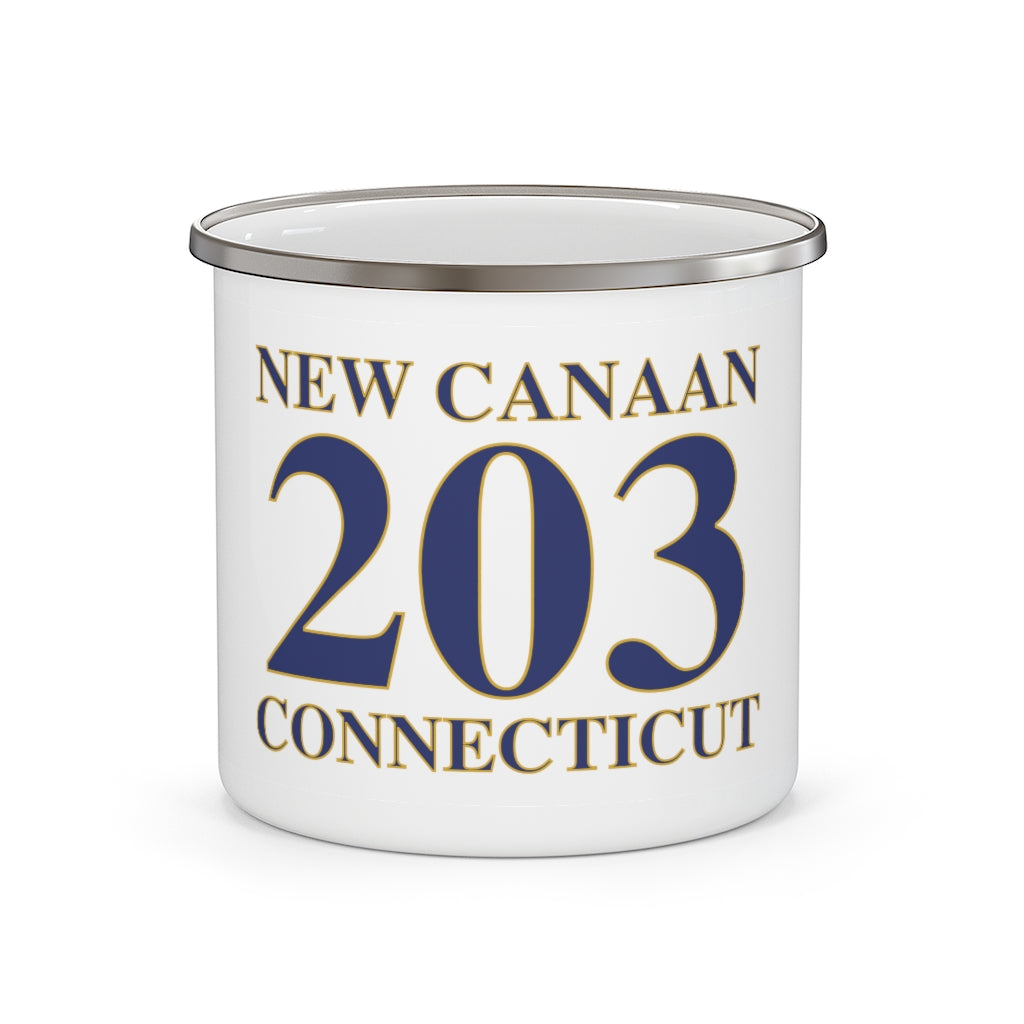 New Canaan 203 Connecticut Enamel Camping Mug The 203 New Canaan Collection. Show off New Canaan and Connecticut at the same time. Colors were inspired by the Connecticut state flag. Proceeds help build Finding New Canaan and Finding Connecticut's brand.