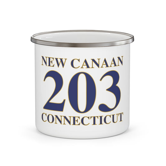 New Canaan 203 Connecticut Enamel Camping Mug  The 203 New Canaan Collection. Show off New Canaan and Connecticut at the same time. Colors were inspired by the Connecticut state flag.   Proceeds help build Finding New Canaan and Finding Connecticut's brand.