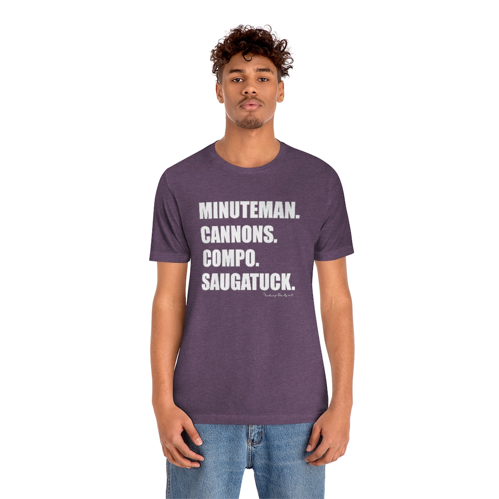 Minuteman. Cannons. Compo. Saugatuck. Unisex Jersey Short Sleeve Tee How do you say Westport without saying Westport? Westport, Connecticut is filled with unique aspects. Each providing different elements that make up the town from historic to modern traditions. Minuteman. Cannons. Compo. Saugatuck. You know its Westport. Proceeds of this collection goes to help build Finding Westport and Finding Connecticut's brands.