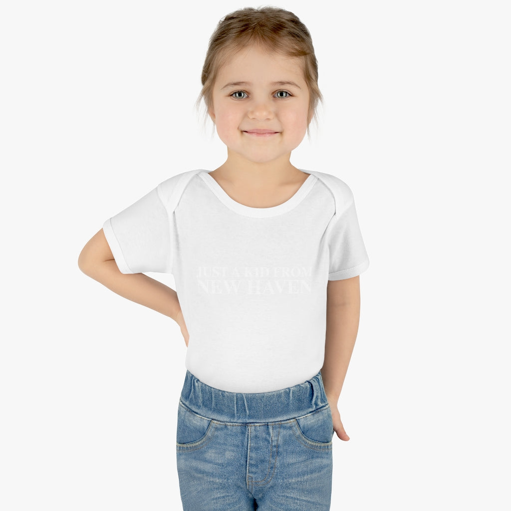 Just a kid from New Haven Infant Baby Rib Bodysuit (white)