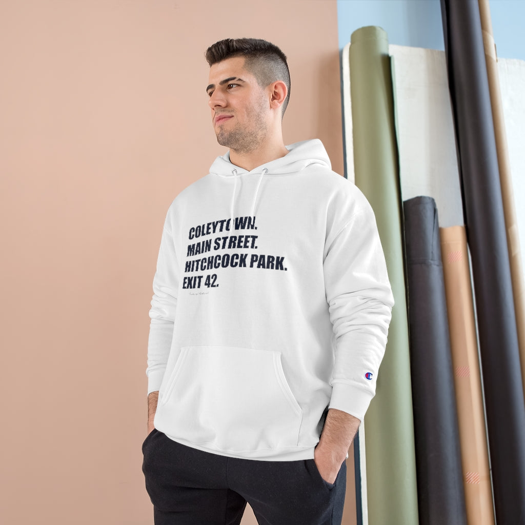 Coleytown. Main Street. Hitchcock Park. Exit 42. Champion Hoodie How do you say Westport without saying Westport? Westport, Connecticut is filled with unique aspects. Each providing different elements that make up the town from historic to modern traditions. Proceeds of this collection goes to help build Finding Westport and Finding Connecticut's brands.