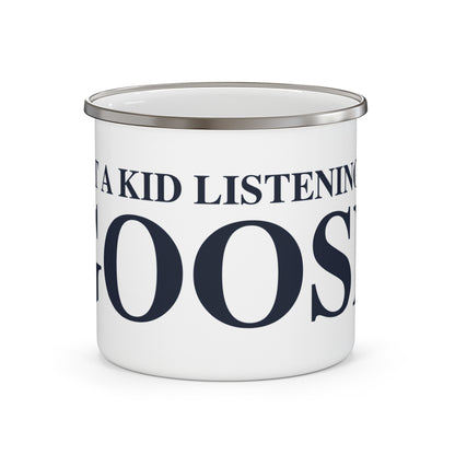Just a kid listening to Goose Enamel Camping Mug