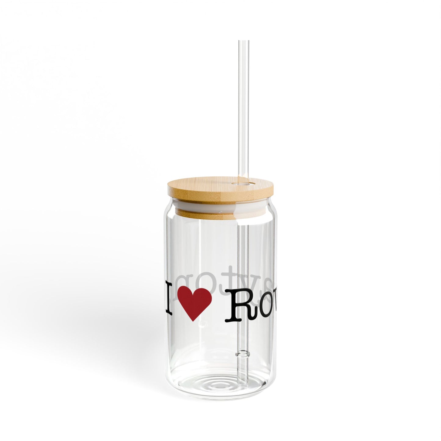 I Heart Rowayton. Glass Can with Straw and Lid, 16oz