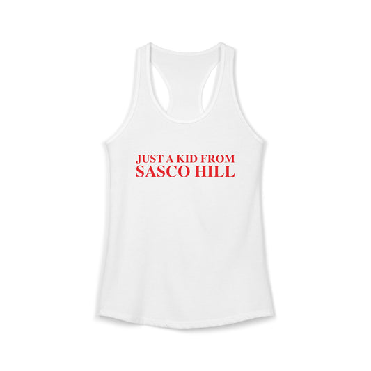 Just a kid from Sasco Hill Women's Ideal Racerback Tank Top