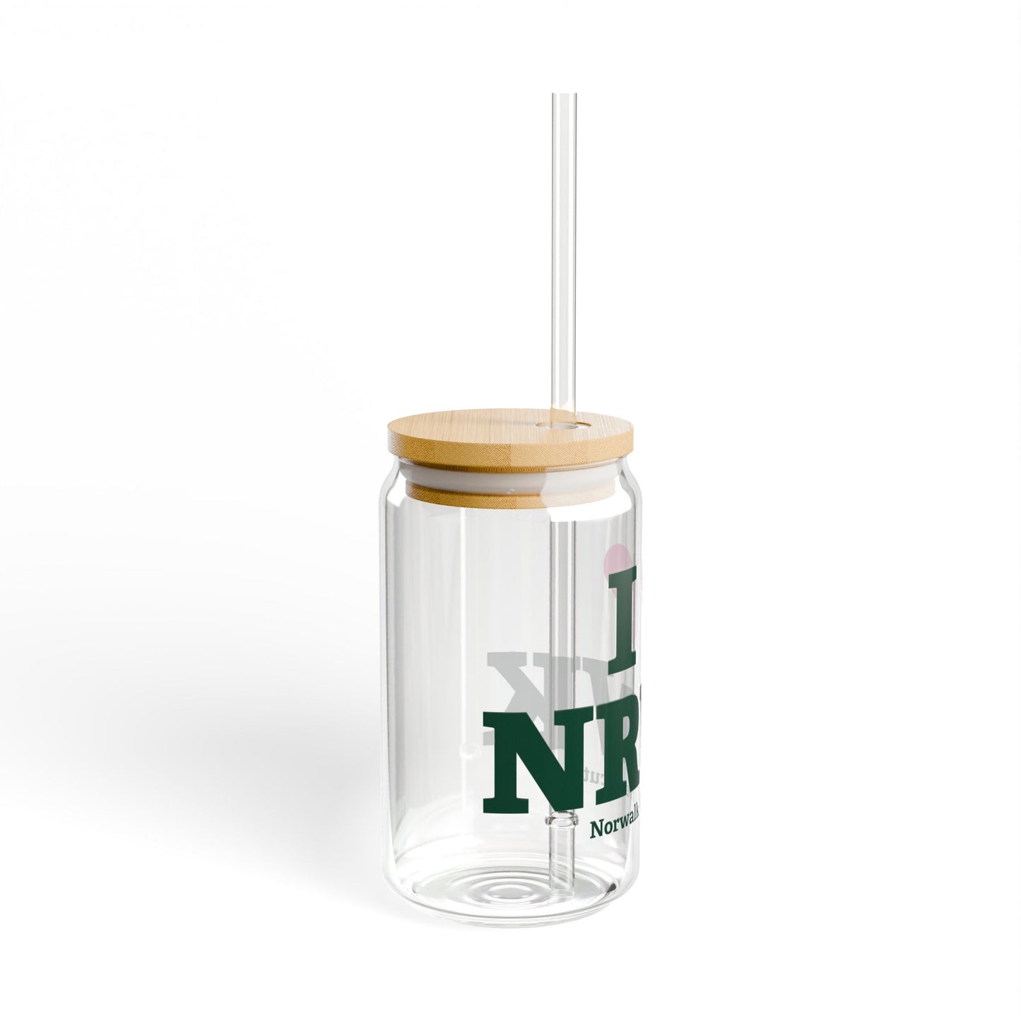 I Heart NRWK Glass Can with Straw and Lid, 16oz