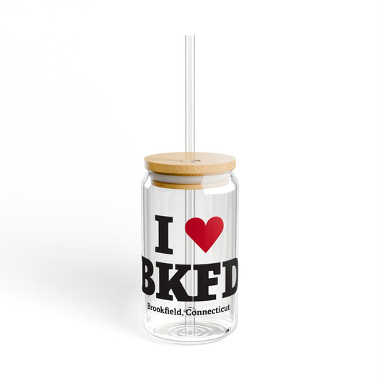 I Heart BKFD Glass Can with Straw and Lid, 16oz