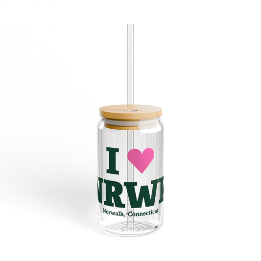 I Heart NRWK Glass Can with Straw and Lid, 16oz