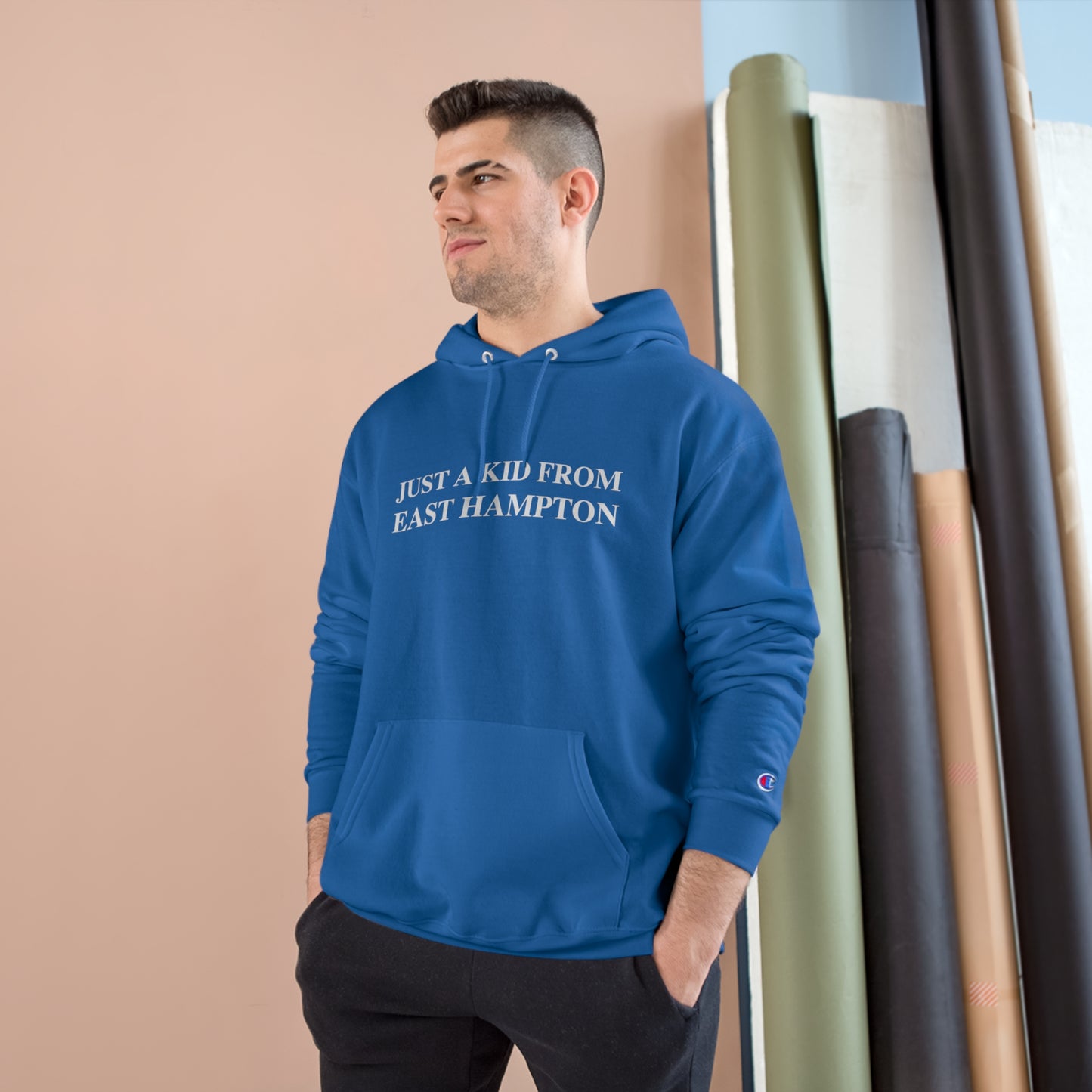 Just a kid from East Hampton Champion Hoodie (white)