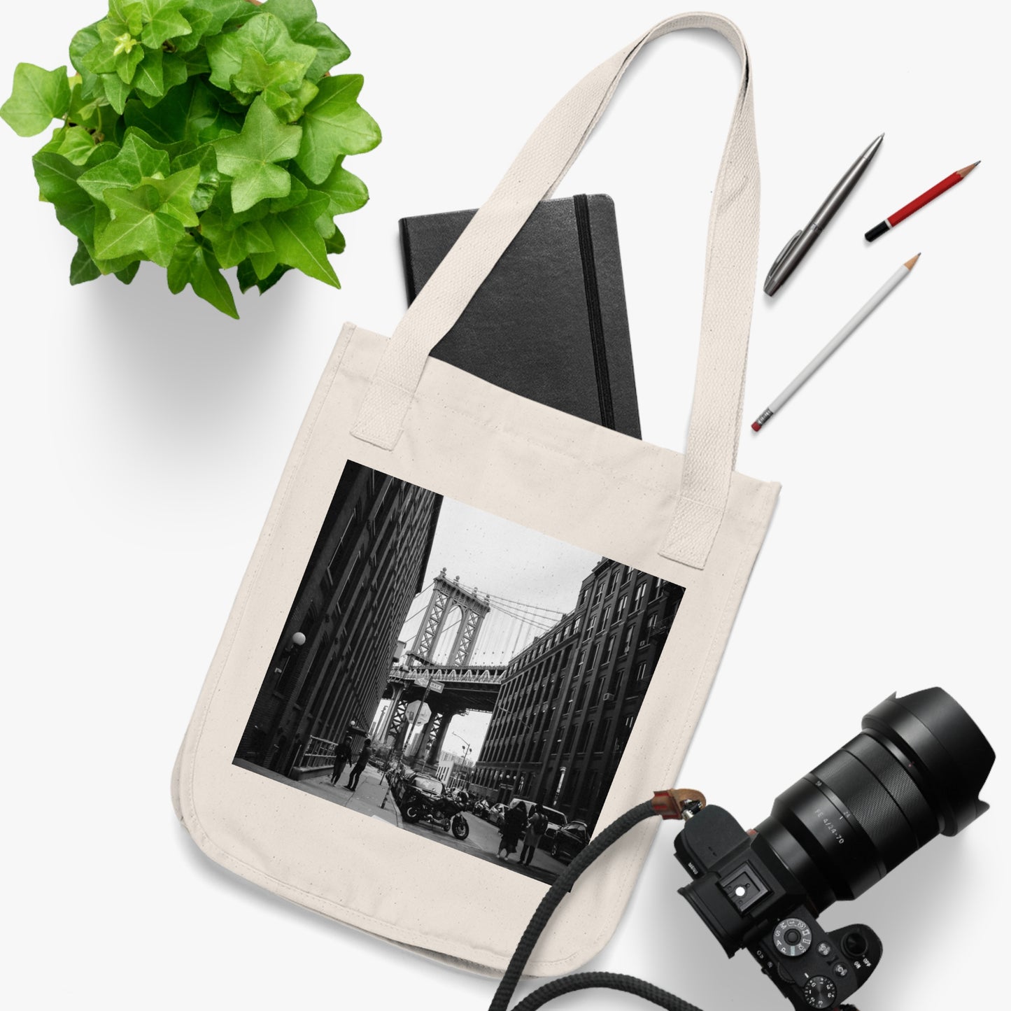 Manhattan Bridge Black and White Organic Canvas Tote Bag
