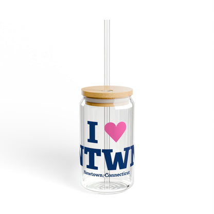 I Heart NTWN Glass Can with Straw and Lid, 16oz
