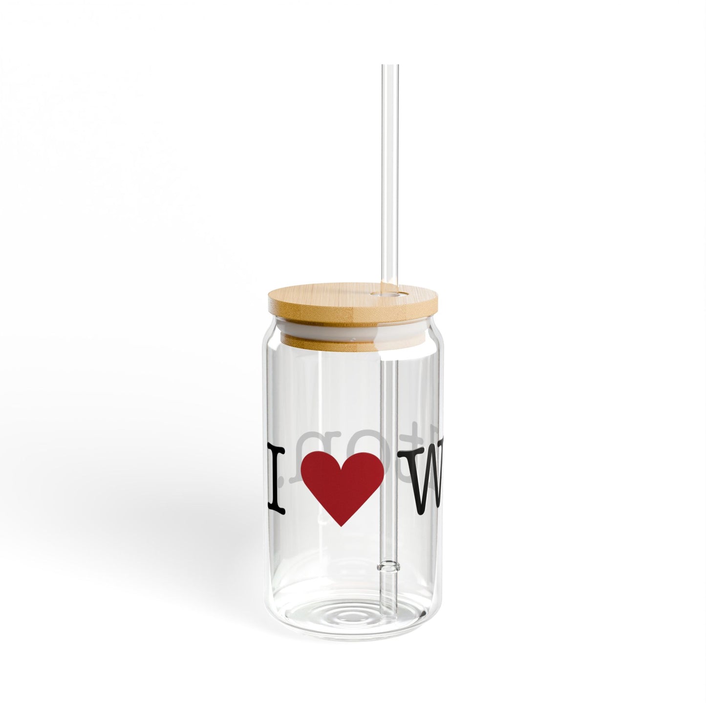 I Heart Wilton. Glass Can with Straw and Lid, 16oz