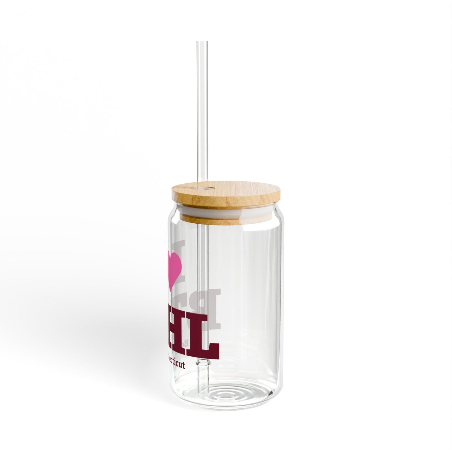 I Heart BTHL Glass Can with Straw and Lid, 16oz