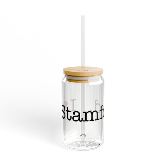 I Heart Stamford. Glass Can with Straw and Lid, 16oz