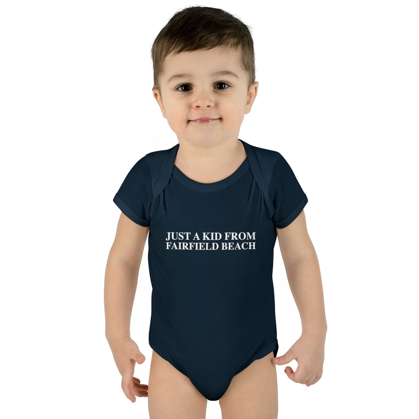 Just a kid from Fairfield Beach Infant Baby Rib Bodysuit