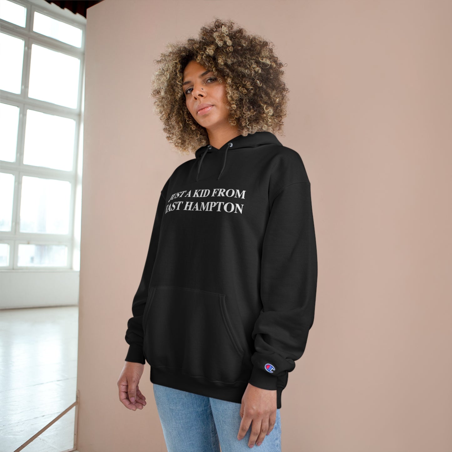 Just a kid from East Hampton Champion Hoodie (white)