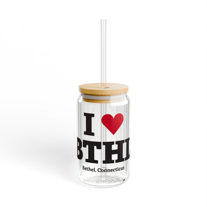 I Heart BTHL Glass Can with Straw and Lid, 16oz