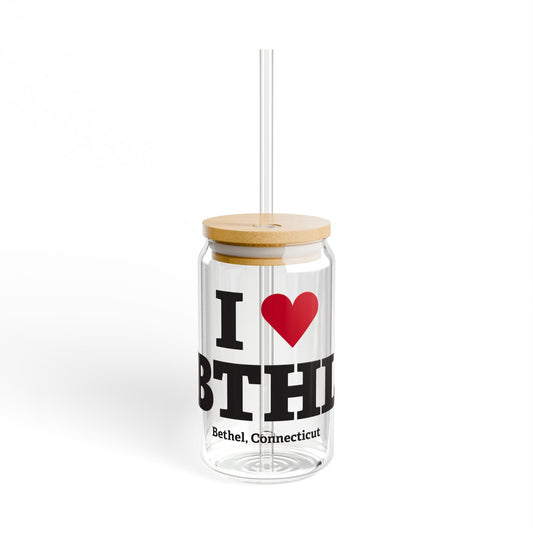 I Heart BTHL Glass Can with Straw and Lid, 16oz