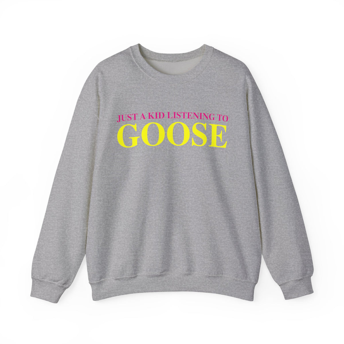 Just a kid listening to Goose - Yellow & Pink Unisex Heavy Blend™ Crewneck Sweatshirt