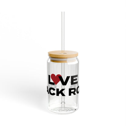 Love Black Rock Glass Can with Straw and Lid, 16oz