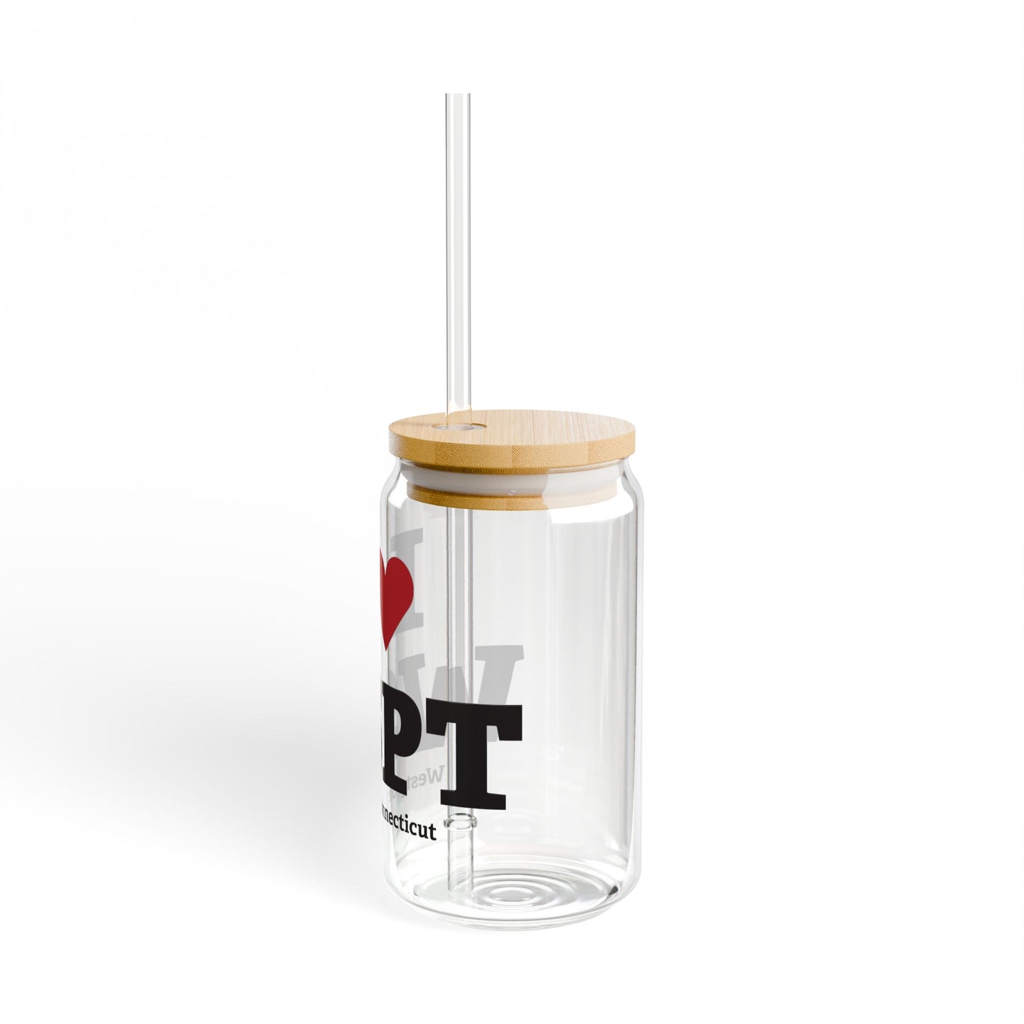I Heart WSPT Glass Can with Straw and Lid, 16oz