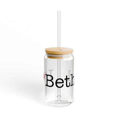 I Heart Bethel. Glass Can with Straw and Lid, 16oz