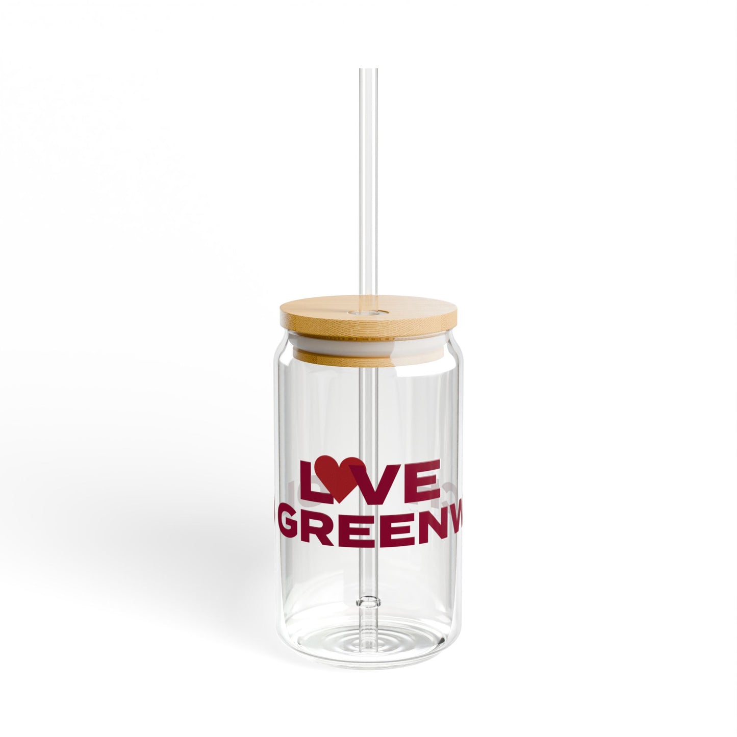 Love Old Greenwich Glass Can with Straw and Lid, 16oz
