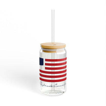 Old Saybrook Connecticut Flag Glass Can with Straw and Lid, 16oz