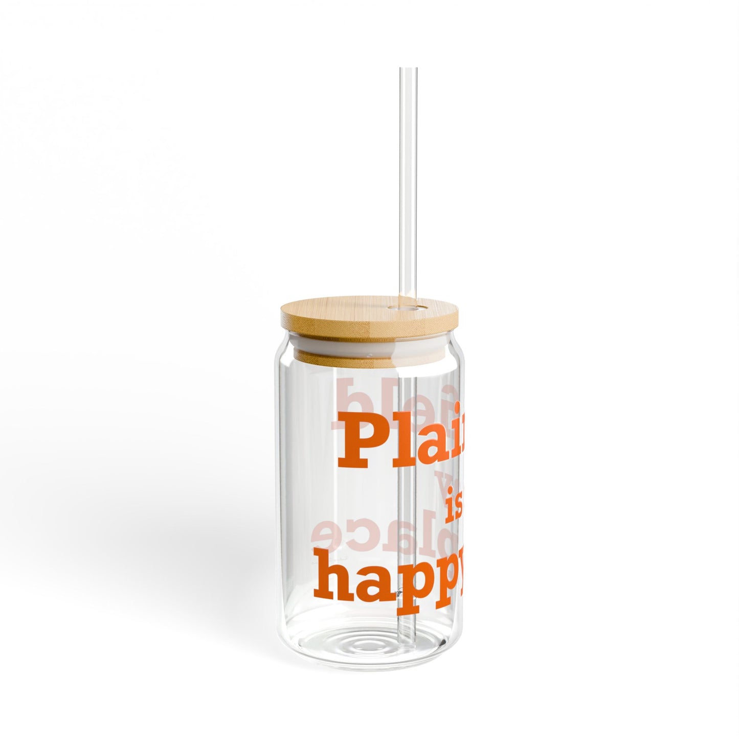 Plainfield is My Happy Place Glass Can with Straw and Lid, 16oz