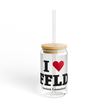 I Heart FFLD Glass Can with Straw and Lid, 16oz
