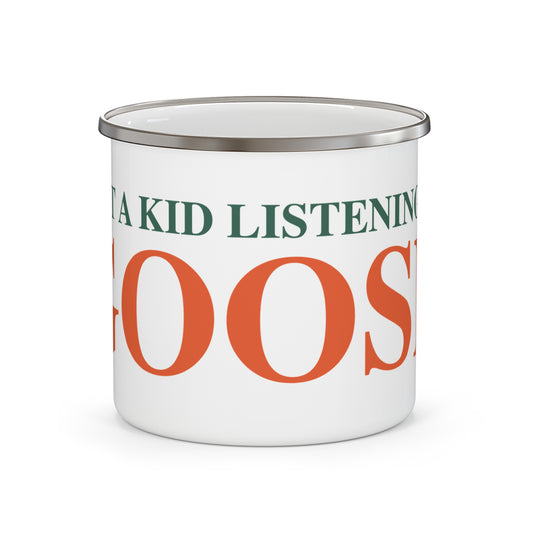 Just a kid listening to Goose - Orange & Green Enamel Camping Mug