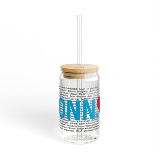 Connecticut Love Glass Can with Straw and Lid, 16oz