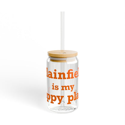 Plainfield is My Happy Place Glass Can with Straw and Lid, 16oz