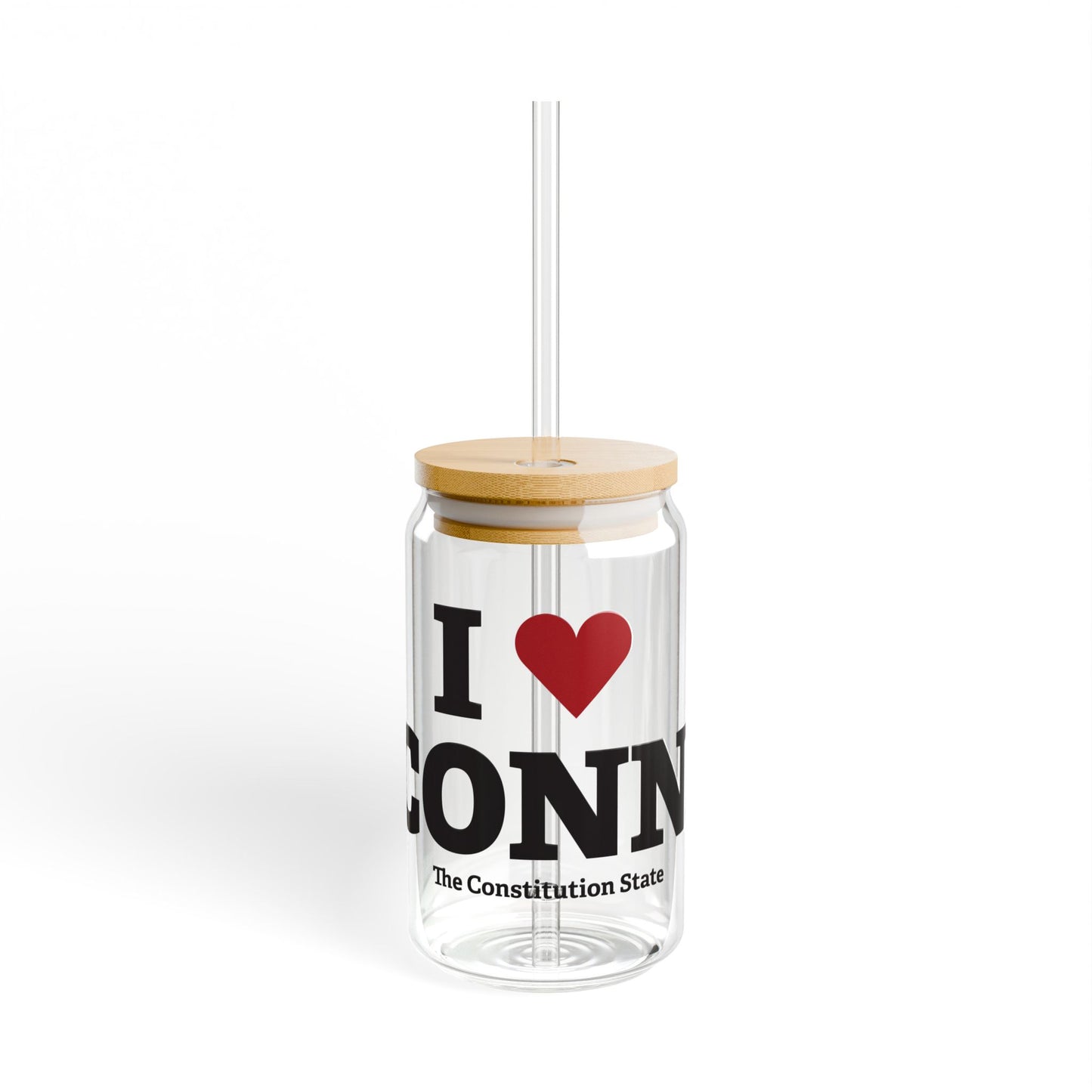 I Heart CONN. Glass Can with Straw and Lid, 16oz