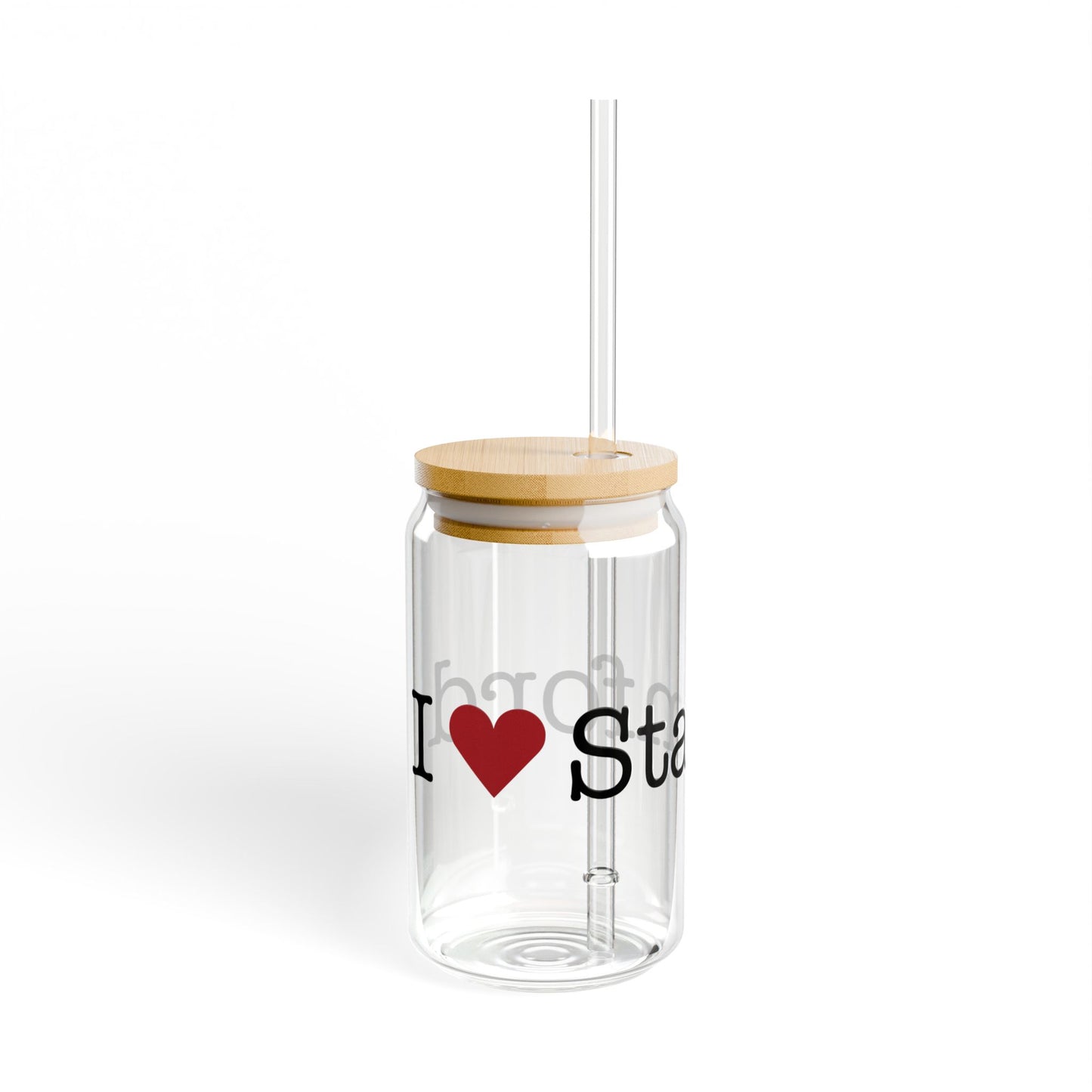 I Heart Stamford. Glass Can with Straw and Lid, 16oz
