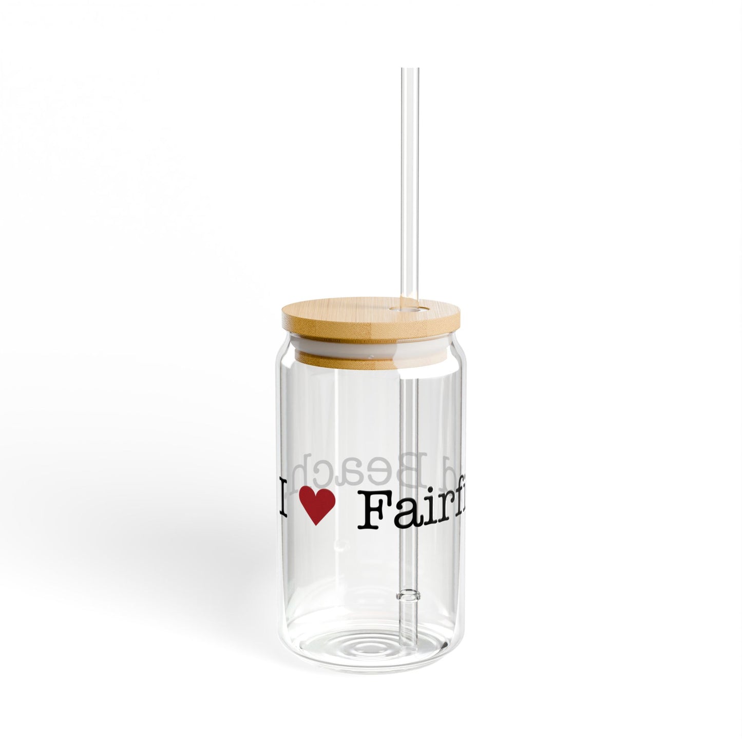 I Heart Fairfield Beach. Glass Can with Straw and Lid, 16oz