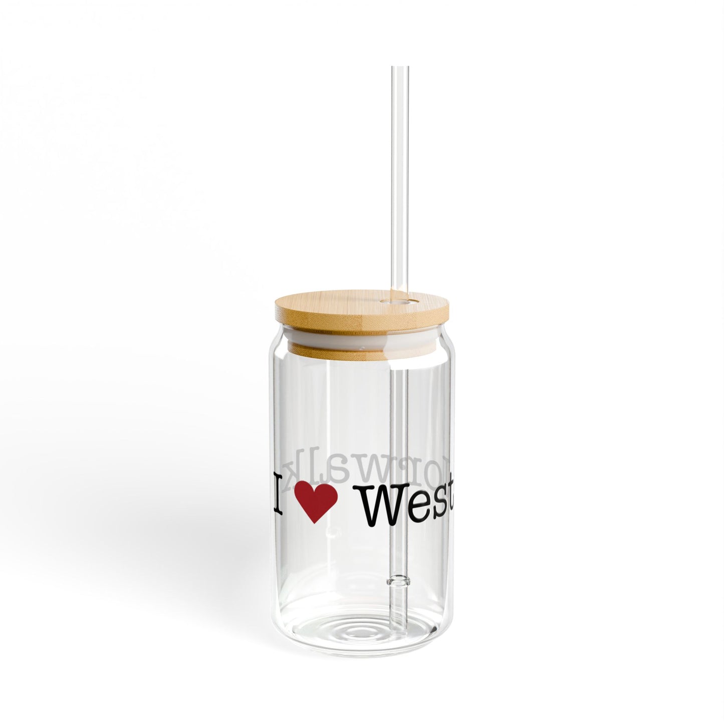 I Heart West Norwalk. Glass Can with Straw and Lid, 16oz